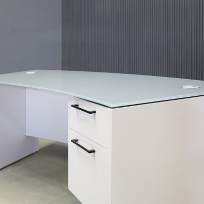  72-inch Seattle Curved Executive Desk in 1/2-inch Light gray tempered glass top and white gloss laminate base.