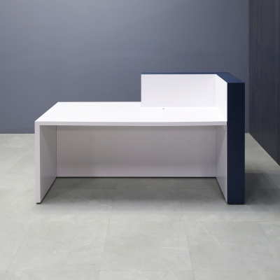 72-inch Atlanta Reception Desk, left side countertop when facing front, in midnight blue laminate countertop & base, white matte laminate workspace & front accent, and warm white LED.