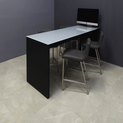 72-inch Ashville Bar Table in 1/2-inch gray tempered glass top and black traceless laminate base.