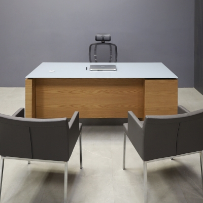 72-inch Denver Straight Executive Desk in 1/2-inch medium gray tempered glass top and white oak veneer base, cabinet & privacy panel.