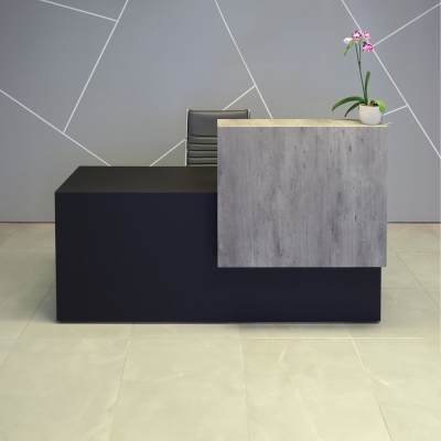72-inch Los Angeles Custom Reception Desk with the counter on the right side when facing front in metropolitan concrete PVC, and black traceless laminate desk, shown here.