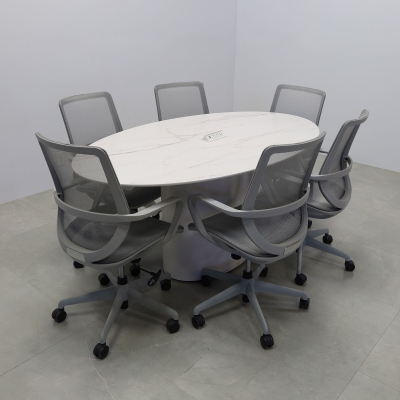 72-inch Aurora Oval Conference Table in 1/2-inch solenne marble engineered surface top, white matte laminate base, and white power box.