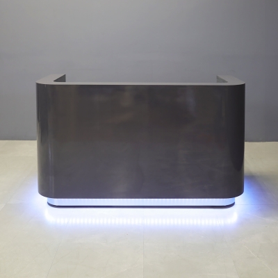 72-inch Nola Custom Reception Desk in storm gray gloss laminate main desk, brushed aluminum toe-kick, and warm white LED.
