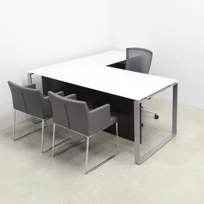Aspen L-Shape Executive Desk With Tempered Glass Top in white top, black matte laminate and silver metal legs shown here.