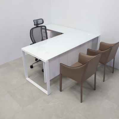 72-inch Aspen L-Shape Executive Desk with 1/2-inch white tempered glass top, white gloss laminate privacy panel, and white metal legs.