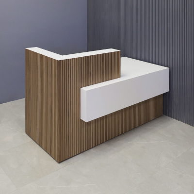 72-inch Atlanta Custom Reception Desk with the countertop & base on the left side when facing front covered in walnut tambour, while the workspace and front panel are covered in dover off-white matte laminate.