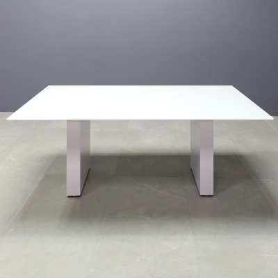 72-inch Omaha Rectangular Conference Table in 1/2-inch white tempered glass top, with standard column base in white gloss laminate.