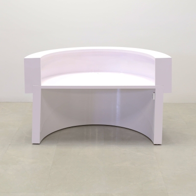 Boca Half Moon Reception Desk in White Gloss Laminate Desk, with multi-colored LED, seating side view shown here.