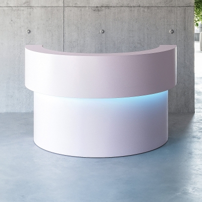 Boca Half Moon Reception Desk in White Gloss Laminate Desk, with multi-colored LED shown here.