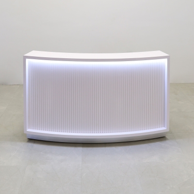72-inch Seattle X2 Reception Desk in White Gloss Tambour Front Panel and Desk, with white LED, shown here.