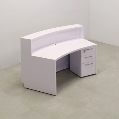 72-inch Seattle X2 Reception Desk in White Gloss Tambour Front Panel and Desk, with white LED, shown here.
