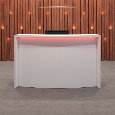 72-inch Seattle X1 Custom Reception Desk in white gloss laminate desk and curved front panel, with multi-colored LED, shown here.