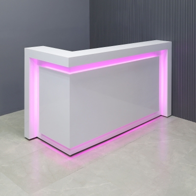 72-inch New York L-Shape Custom Reception Desk, left side l-panel when facing front, in white gloss laminate desk, with color LED, shown here.