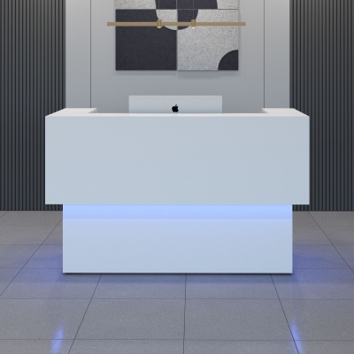72-inch San Francisco U-Shape Custom Reception Desk in white matte laminate counter and desk, with multi-colored LED, shown here.