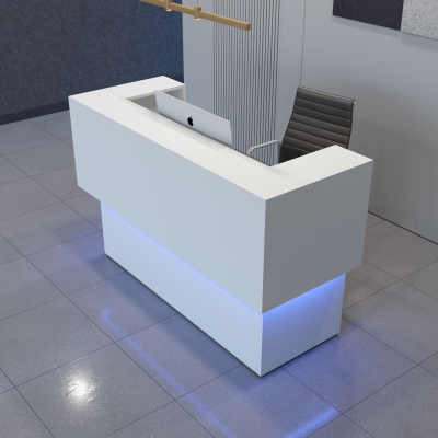 72-inch San Francisco U-Shape Custom Reception Desk in white matte laminate counter and desk, with multi-colored LED, shown here.