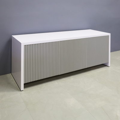 72-inch Boston Storage Credenza in white gloss laminate credenza, and fog gray tambour doors.