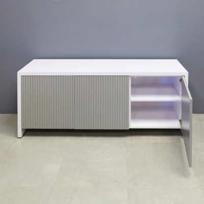 72-inch Boston Storage Credenza in white gloss laminate credenza, and fog gray tambour doors.