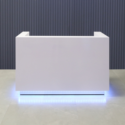 72-inch Dallas U-Shape Reception Desk in white gloss Laminate main desk, brushed aluminum toe-kick, and color changing LED.
