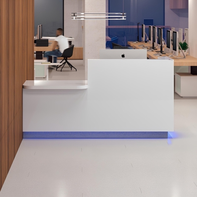 72-inch Dallas ADA Compliant Counter Custom Reception Desk, l-shape counter & desk on the right side when facing front, and workspace in white gloss laminate, and brushed aluminum laminate toe-kick, with color changing LED.
