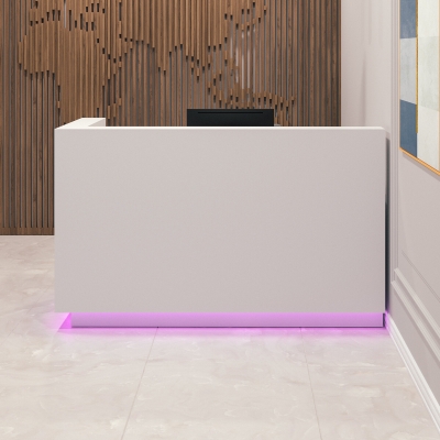 72-inch Dallas L-Shape Custom Reception Desk, left side l-panel when facing front in white matte laminate main desk and brushed aluminum toe-kick, with color LED, shown here.