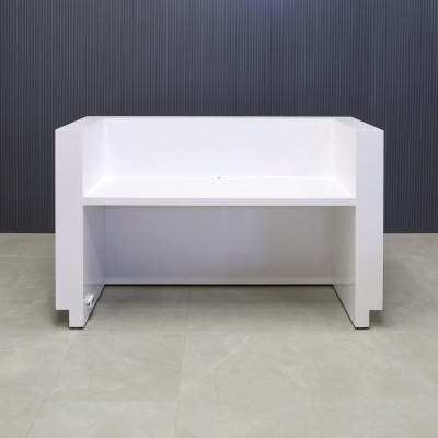 72-inch Dallas U-Shape Reception Desk in white gloss laminate main desk and brushed aluminum toe-kick.