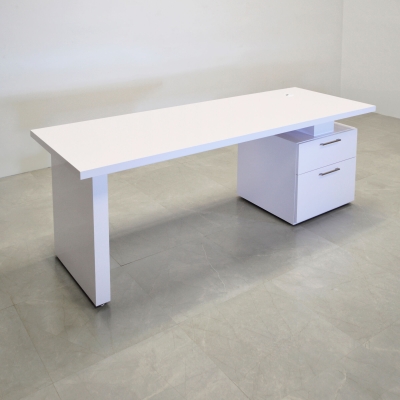 72-inch Avenue Straight Executive Desk with cabinet on the right side when sitting, in white gloss laminate top, base & cabinet, shown here.