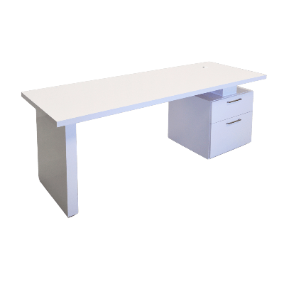 72-inch Avenue Straight Executive Desk with cabinet on the right side when sitting, in white gloss laminate top, base & cabinet, shown here.