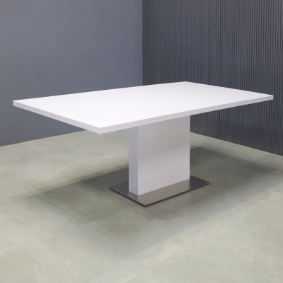72-inch Newton Rectangular Conference Table wirh custom pedestal base in white gloss laminate, shown here.