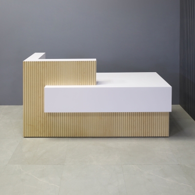 72-inch Atlanta Custom Reception Desk with the countertop & base on the left side when facing front covered in maple tambour, while the workspace and front panel are covered in white matte laminate.