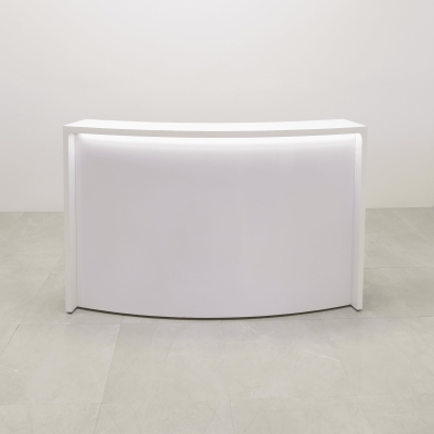 72-inch Seattle X1 Custom Reception Desk in white matte laminate desk and curved front panel, with warm white LED, shown here.