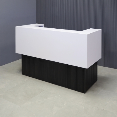 72-inch San Francisco U-Shape Custom Reception Desk in white matte laminate counter, black traceless laminate desk and black traceless tambour front desk, shown here.