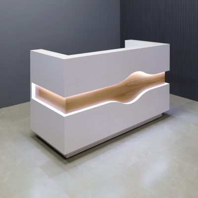 72-inch Wave Reception Desk in white matte laminate main desk, white oak waved accent, brushed aluminum toe-kick, and warm white LED.