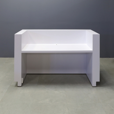 72-inch Wave Reception Desk in white matte laminate main desk, white oak waved accent, brushed aluminum toe-kick, and warm white LED.