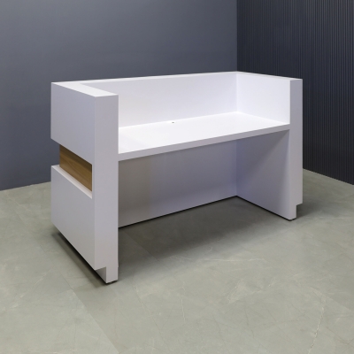 72-inch Wave Reception Desk in white matte laminate desk and counter, white oak veneer wave accent front, and brushed aluminum toe-kick, with warm white LED, shown here.