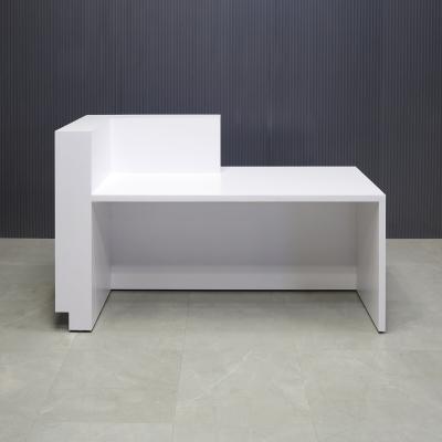 72-inch Manhattan ADA Compliant Custom Reception Desk in white matte laminate main desk, field elm matte laminate accent, brushed aluminum laminate toe-kick, and warm white LED.