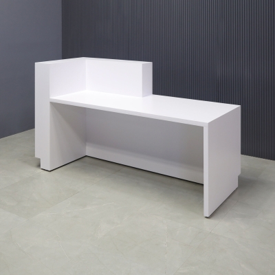 72-inch Manhattan ADA Compliant Custom Reception Desk in white matte laminate main desk, field elm matte laminate accent and brushed aluminum laminate toe-kick, with white LED shown here.