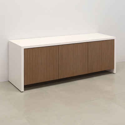 72-inch Boston Storage Credenza in white matte laminate credenza, and walnut & natural background tambour doors.