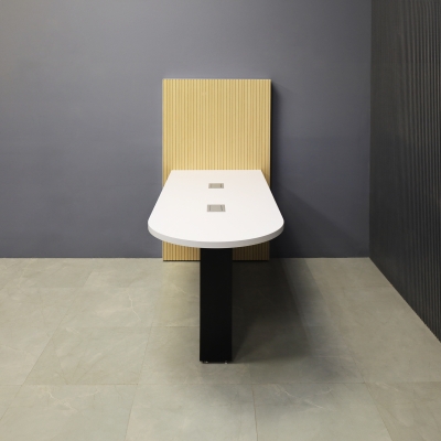 72-inch Weight and 42-inch Height, Westin Standing Collaboration and Training Table in white matte laminate top, with black matte laminate base and maple tambour wall, and 2 silver MX2 powerboxes, shown here.