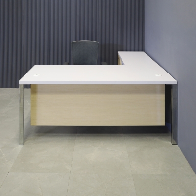72-inch Dallas L-Shape Executive Desk W/ Cabinet in white matte laminate top and cabinet, maple veneer front drawers and privacy panel with chromed legs.