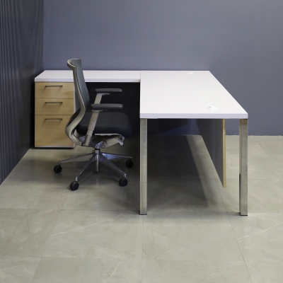72-inch Dallas L-Shape Executive Desk W/ Cabinet in white matte laminate top and cabinet, maple veneer front drawers and privacy panel with chromed legs.