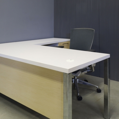 72-inch Dallas L-Shape Executive Desk W/ Cabinet in white matte laminate top and cabinet, maple veneer front drawers and privacy panel with chromed legs.