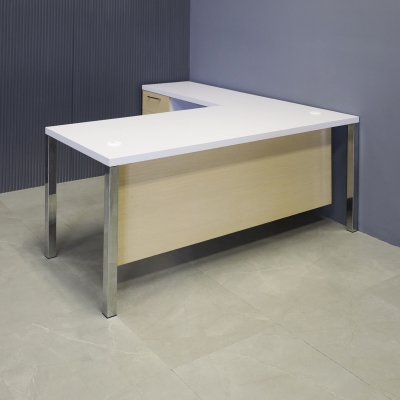 72-inch Dallas L-Shape Executive Desk W/ Cabinet in white matte laminate top and cabinet, maple veneer front drawers and privacy panel with chromed legs.