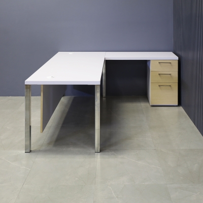 72-inch Dallas L-Shape Executive Desk W/ Cabinet in white matte laminate top and cabinet, maple veneer front drawers and privacy panel with chromed legs.