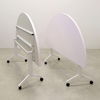 Two 72-inch Westin Half Moon Training Table in white matte laminate top and white metal frame.