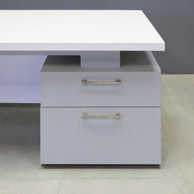 72-inch Avenue Straight Executive Desk with cabinet on the right side when sitting, with white matte laminate top & privacy panel, and fog gray matte laminate base & cabinet, shown here.
