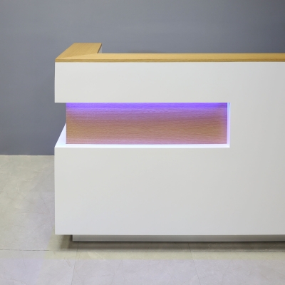 72-inch Manhattan U-Shape Custom Reception Desk in DISCONTINUED veneer accent panel & top counter, white matte laminate main desk, and color changing LED.