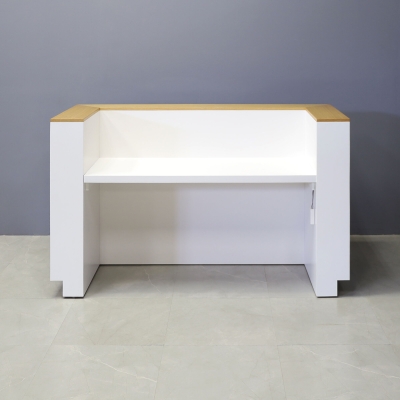 72-inch Manhattan U-Shape Custom Reception Desk in DISCONTINUED veneer accent panel & top counter, white matte laminate main desk, and color changing LED.