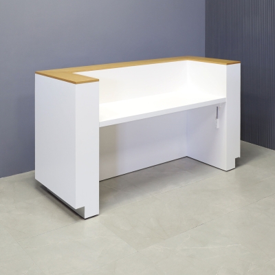 72-inch Manhattan U-Shape Custom Reception Desk in DISCONTINUED veneer accent panel & top counter, white matte laminate main desk, and color changing LED.