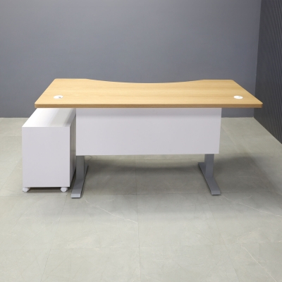 72-inch aXis Sit-stand Executive Desk in white oak veneer top, white matte laminate privacy panel and silver metal legs, with a white matte laminate mobile cabinet.