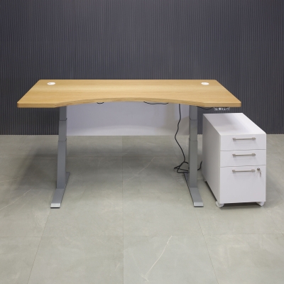 72-inch aXis Sit-stand Executive Desk in white oak veneer top, white matte laminate privacy panel and silver metal legs, with a white matte laminate mobile cabinet.